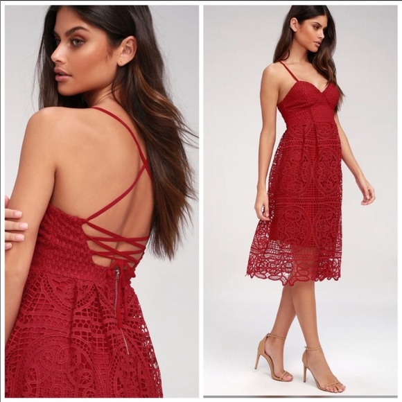 Lulus | Real Life Dream Berry Red Lace Midi Dress - Picture 2 of 12